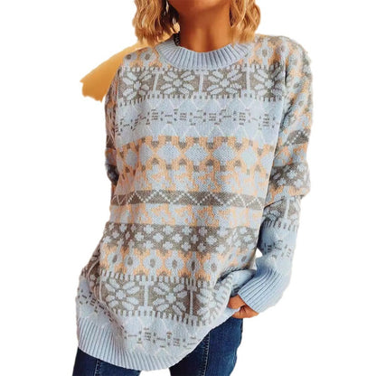 Autumn And Winter Oversized And Long Knitted Pullover Retro Jacquard Long Sweater For Women