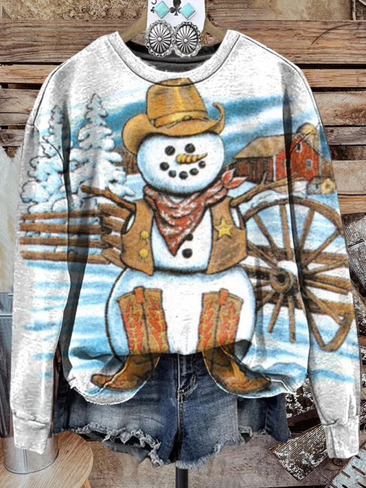 Western Snowman Print Casual Sweatshirt