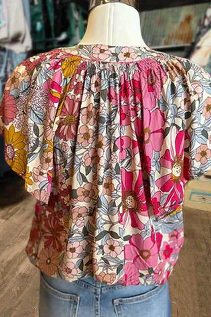 Floral Print V-Neck Flutter Sleeve Top