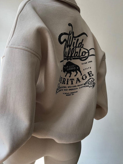 Wild Buffalo Print POLO Collar Sweatshirt