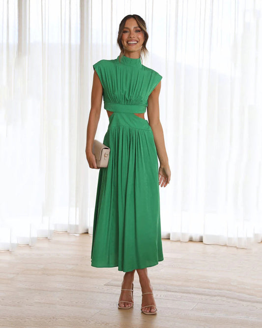 Stand Collar Macaron Waistless Midi Dress