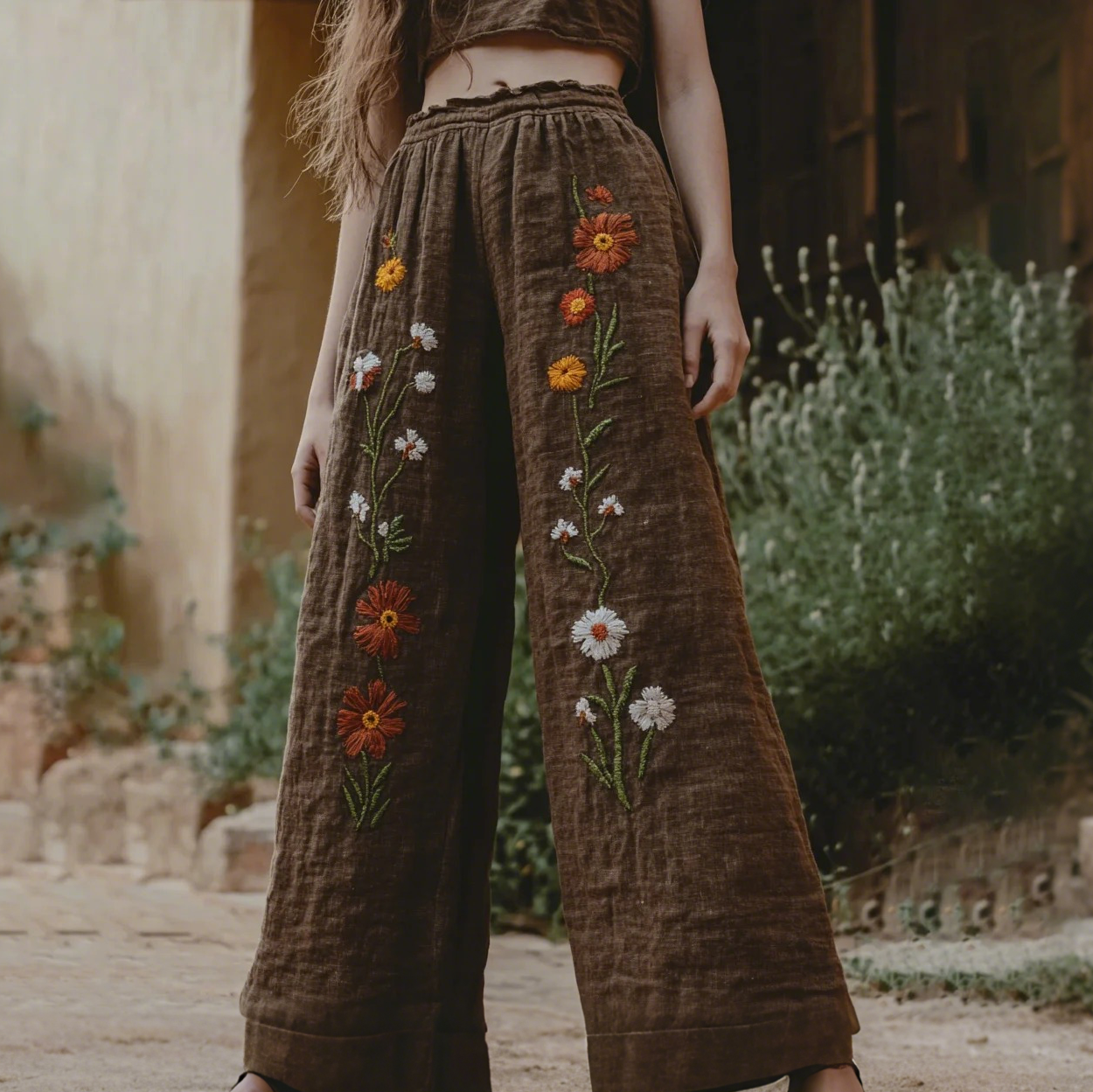 Women's Retro Linen Floral Boho Loose Wide-leg Trouser Pants