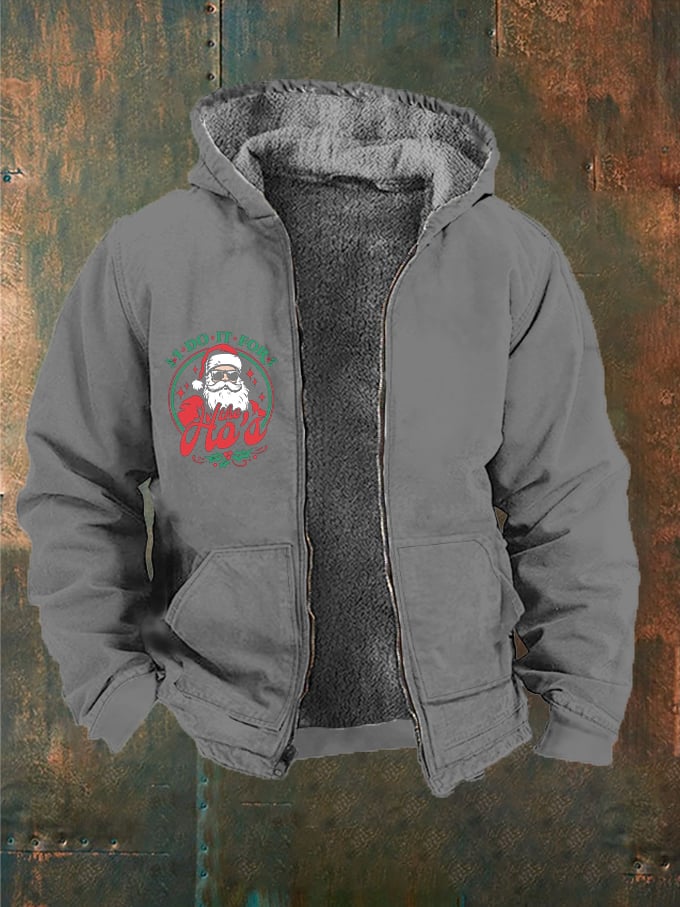 Men's Christmas Funny Santa I Do It For The Ho's Printed Zip Fleece Hooded Jacket