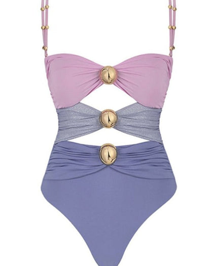 Color Block Cutout One Piece Swimsuit and Sarong