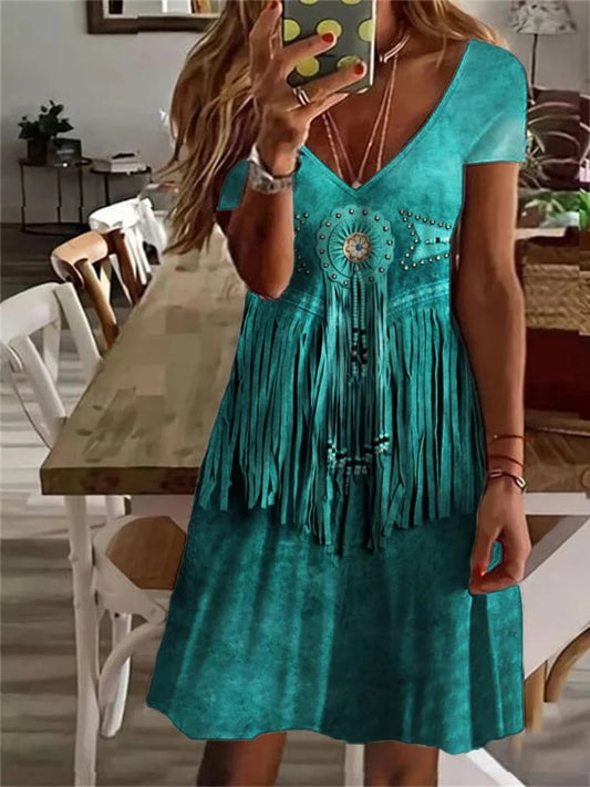 Women's Retro Western Tassel Print V-Neck Dress