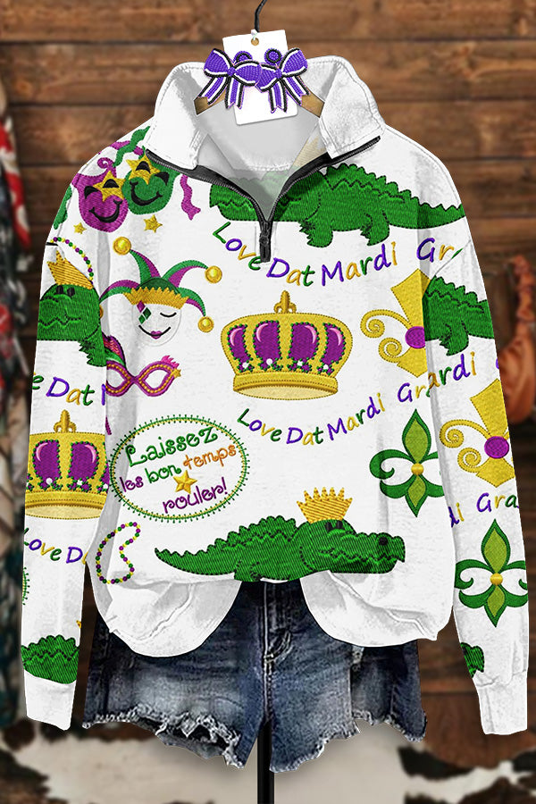 Vintage Mardi Gras Print Zip-Up Sweatshirt