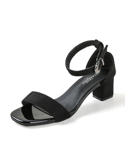 Elegant Plain Square Neck Ankle Strap Pin Buckle Heels