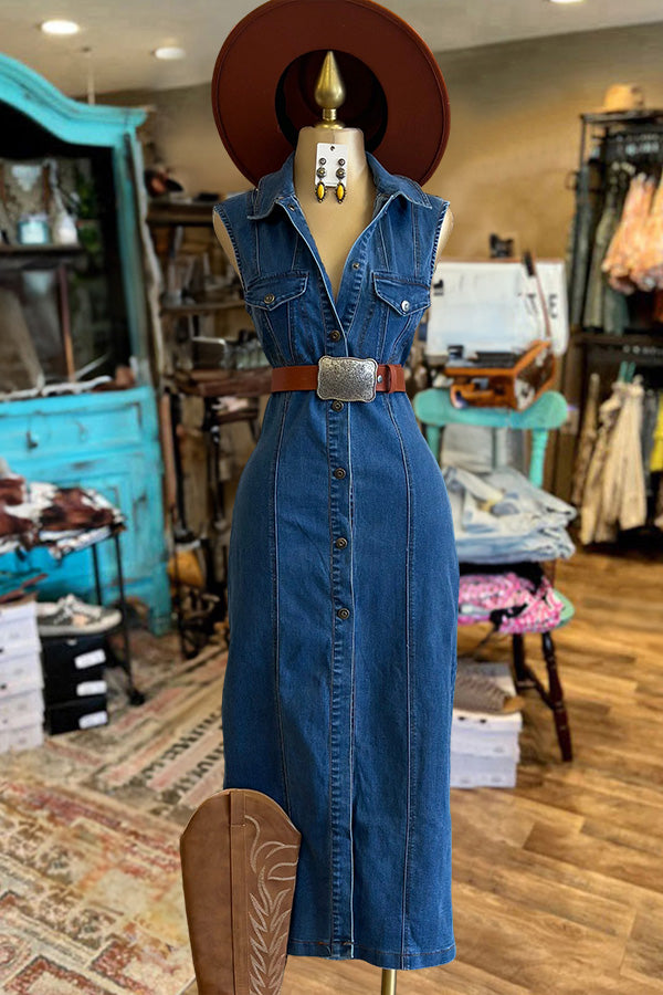 Vintage Shirt Collar Sleeveless Denim Dress-0520