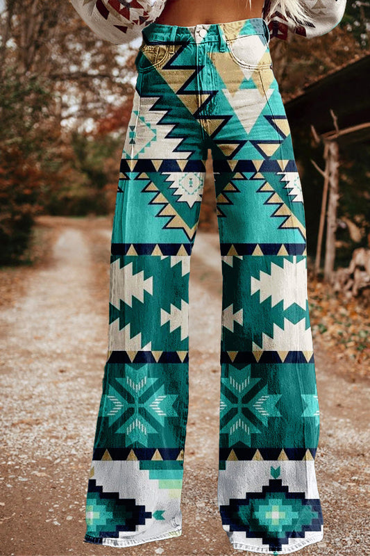 Retro Western Aztec Print Wide Leg Trousers