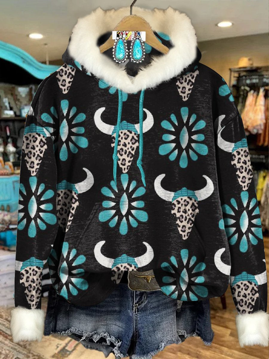 Vintage Turquoise Bull Head Print Imitation Rabbit Fur Trim Casual Hoodie Sweatshirt