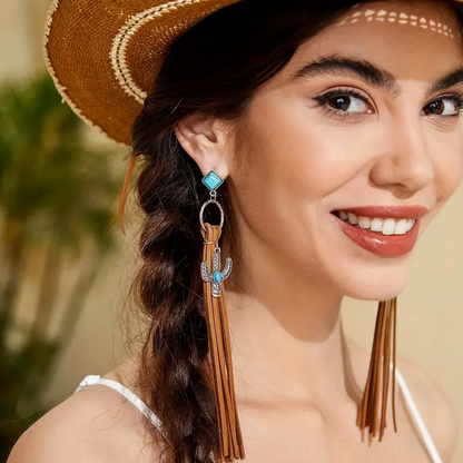 Long Tassel Dangle Earrings Inlaid With Turquoise & Artificial Leather Bohemian Cowboy Style Unique Statement Ear Decor