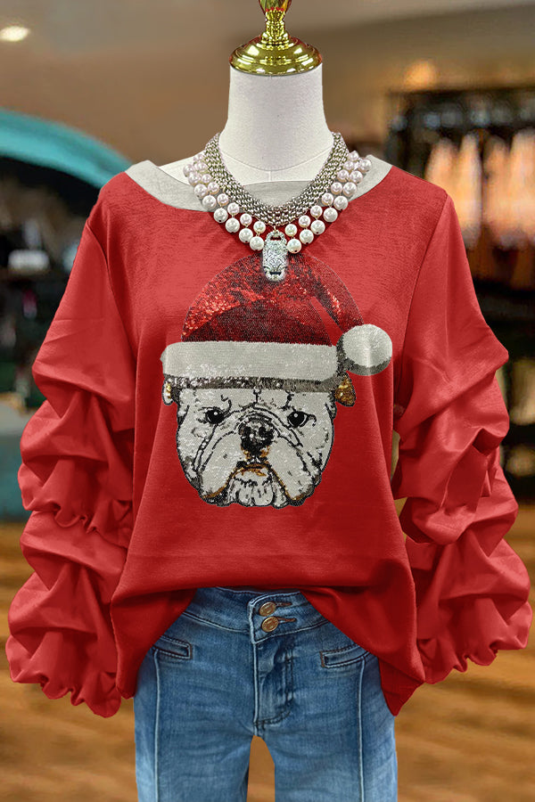 Shiny Christmas Gameday Bulldog Print Pleated Sweatshirt