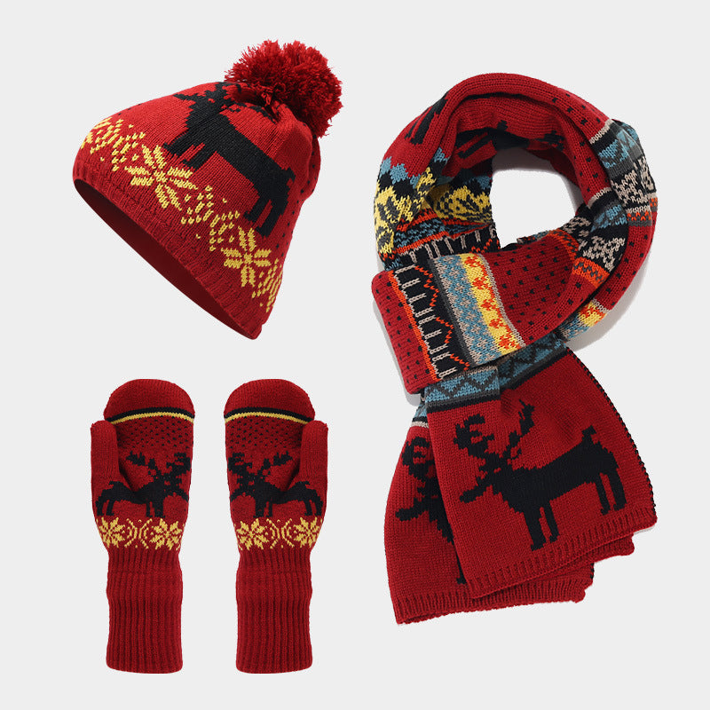 Unisex Christmas Warm Hat Gloves Scarf Knitted Set