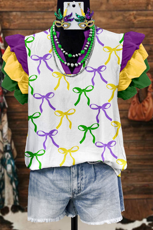 Classic Mardi Gras Bow Print Fly Sleeve Blouse