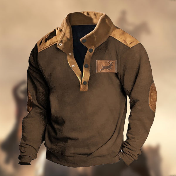 Men's Casual Vintage Country Western Hunting Elk Print Henley Stand Collar Sweatshirt