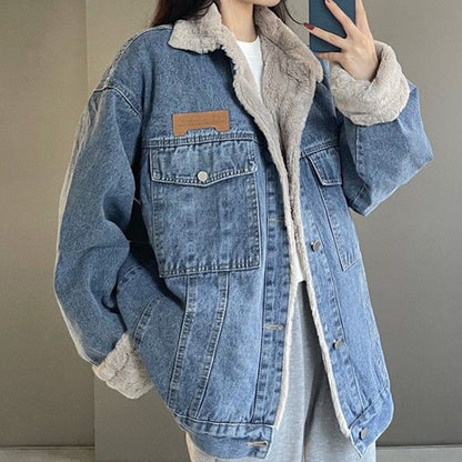 Thickened Fleece Denim Jacket Loose Lambswool