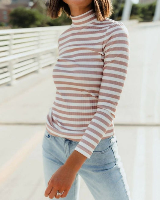 Double Take Striped Mock Neck Long Sleeve Knit Top