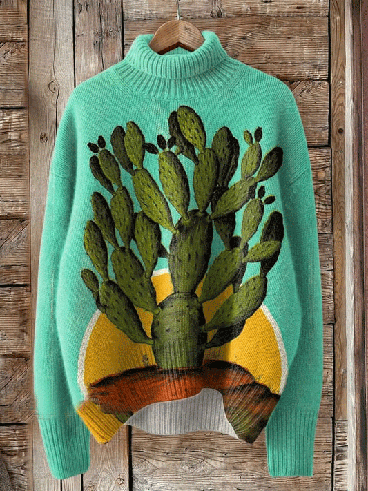 Vintage Print Knit Turtleneck Pullover Sweater