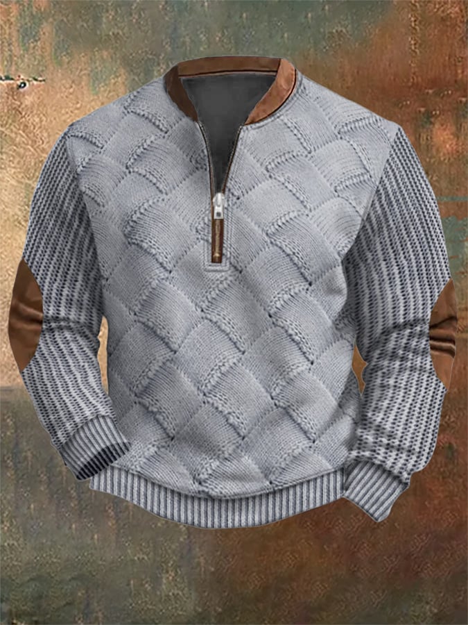 Men's Vintage Knit Print Zip-Up Sweatshirt