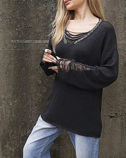 Women's Fashionable V-neck Beaded Sweater Tops