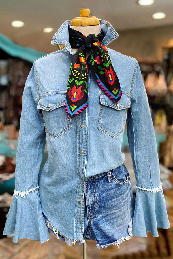 Flared Sleeve Frayed Denim Shirt