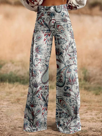 Women's Flower Paisley Print Casual Wide Leg Pants