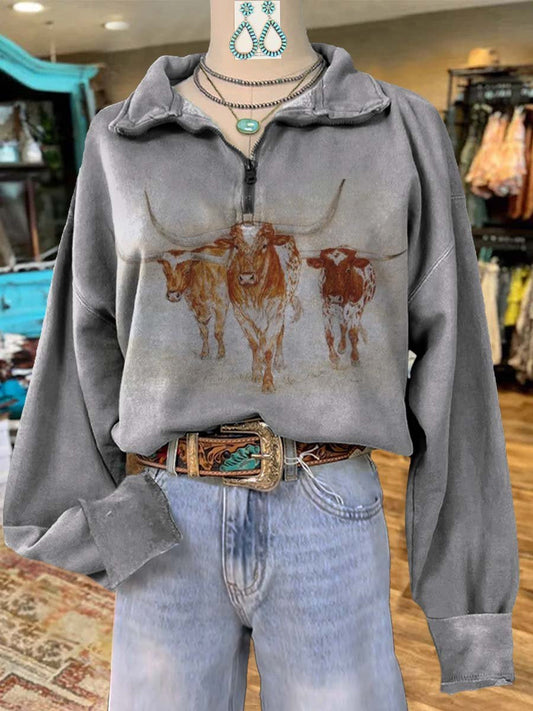 Cow Print Casual Long Sleeve Zip Sweatshirt