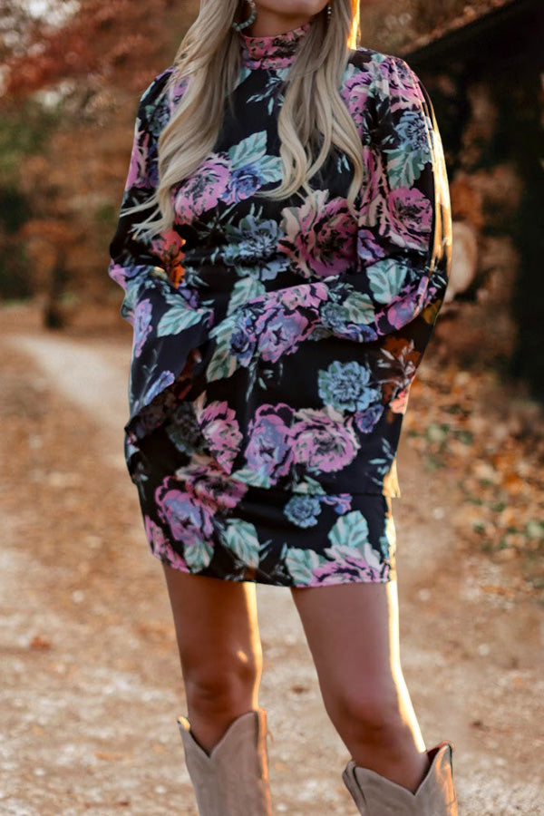 Vintage Floral Print Bell Sleeve Dress