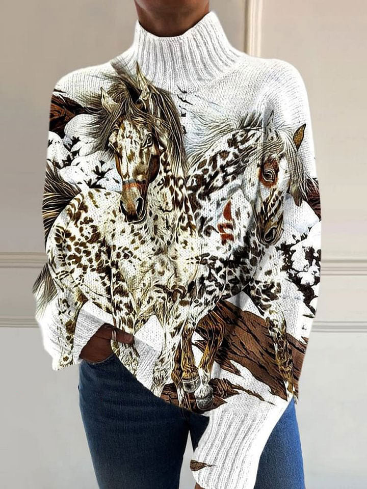 Retro Colorful Brave Horse Print Knit Turtleneck Pullover Sweater