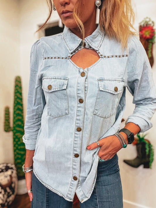 Retro Fashion Collar Hollow Denim Shirt