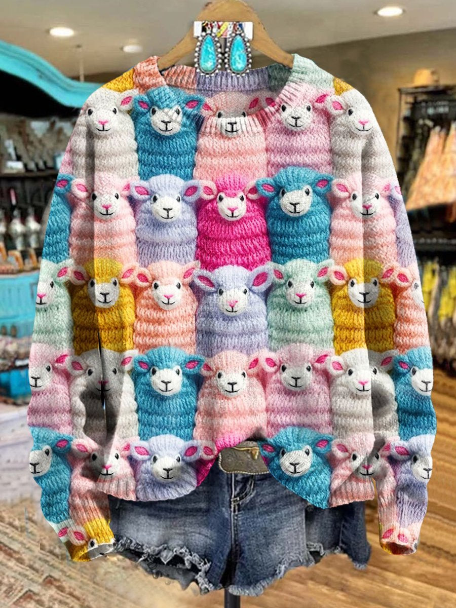 Colorful 3D Cute Sheep Print Knit Pullover Sweater