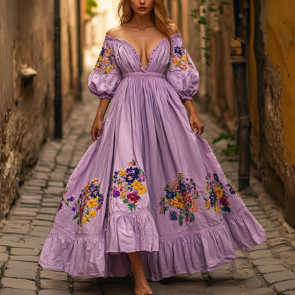 Women's Outdoor Vacation Elegant Lady Bohemian Flower Embroidered V-neck Fold Long Sleeve Dress