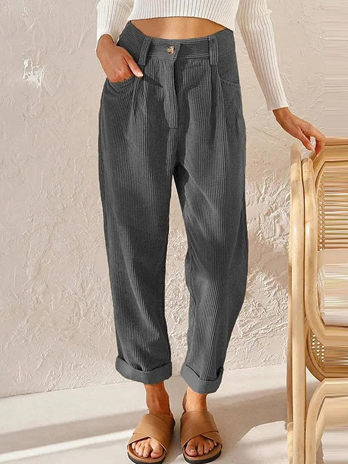 Casual Solid High Waist Pocket Straight Leg Corduroy Pant