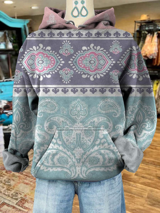 Vintage Paisley Print Casual Hooded Sweatshirt