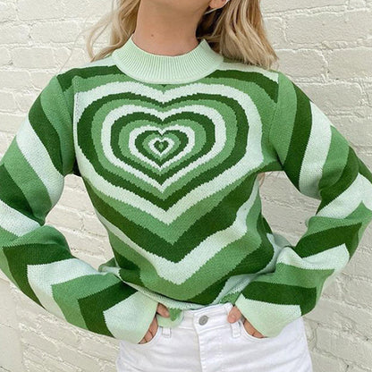 Women's Colorblock Love Heart Sweater Retro Sweetheart Half Turtleneck Slim Fit Pullover Long Sleeve Knitted Cardigan Wo