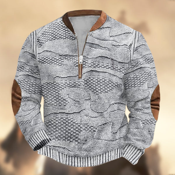 Men's Vintage Western Knit Print Zipper Stand Collar Casual Sweatshirt