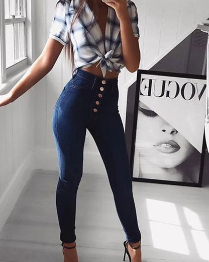 High Waist Hip Lifting Slim Breasted New Stretch Skinny Jeans