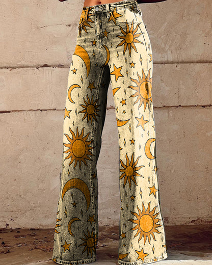 Women's Retro Hippie Sun and Moon Printed Wide Leg Pants