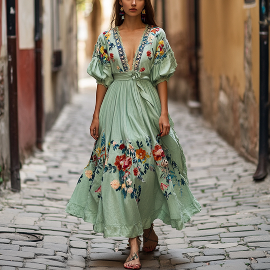 Women's Outdoor Vacation Bohemian Flower Embroidered V-neck Dress