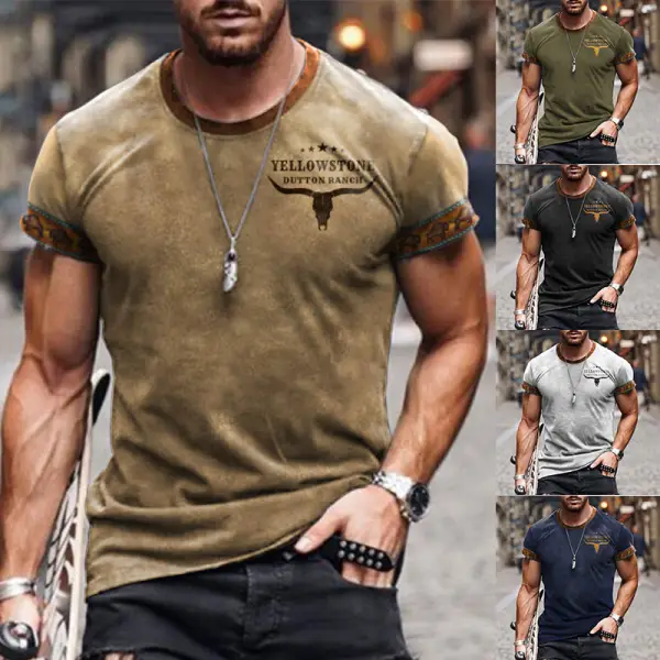 Men's Retro Western Ethnic Yellowstone Printed Pattern Short Sleeve Round Neck T-shirt