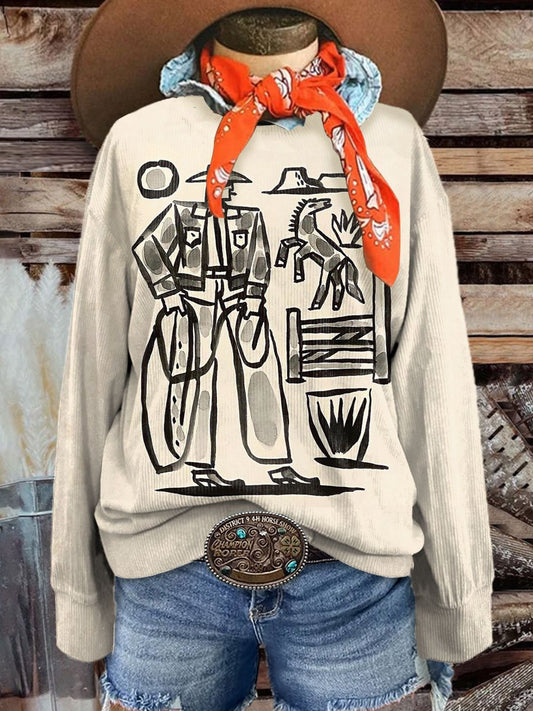 Women's Western Casual Print Corduroy Sweatshirt