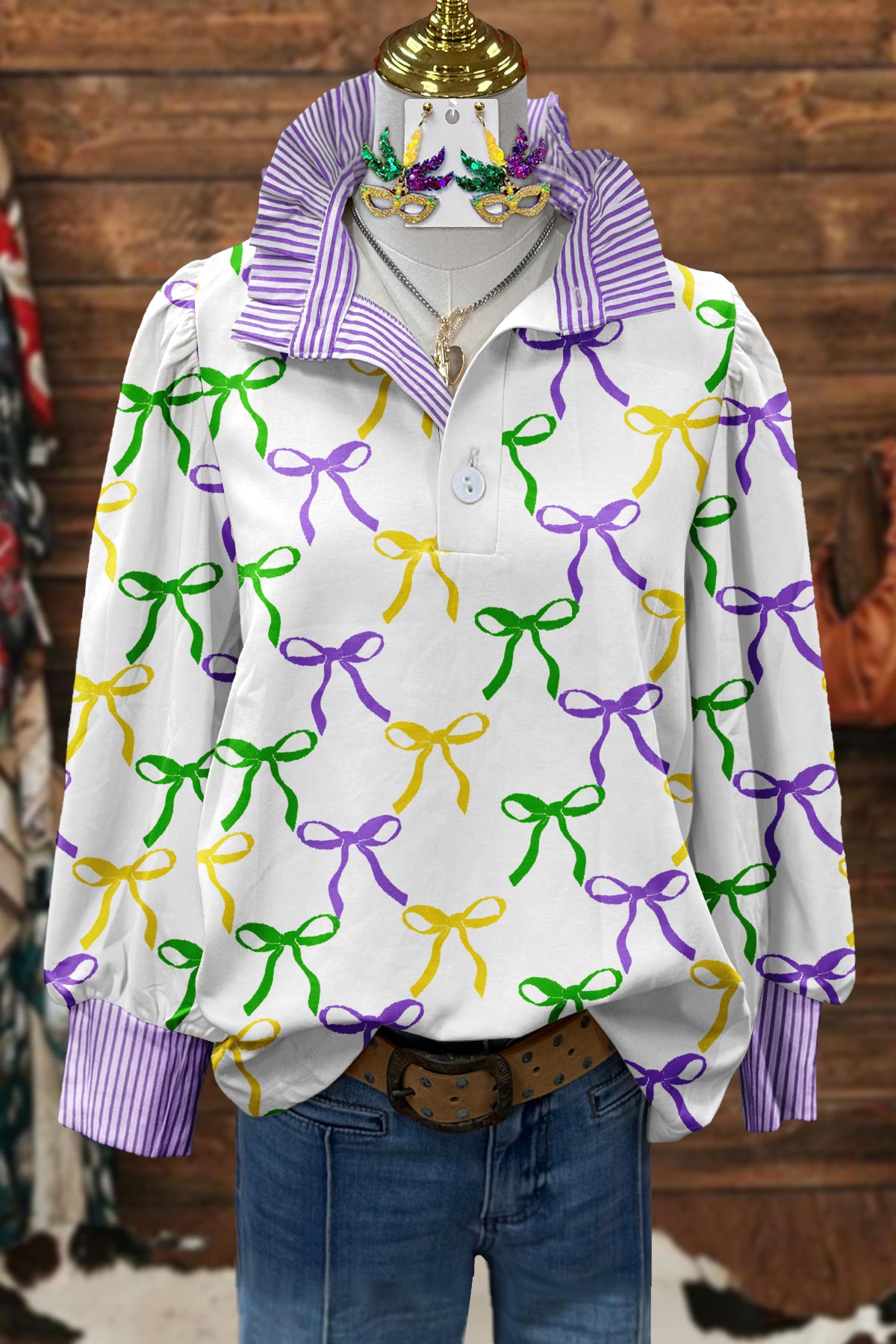 Mardi Gras Bow Print Striped Blouse