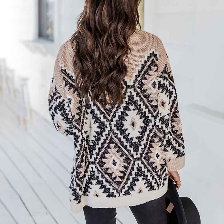 Women's Beige And Black Southwest Print Cardigan