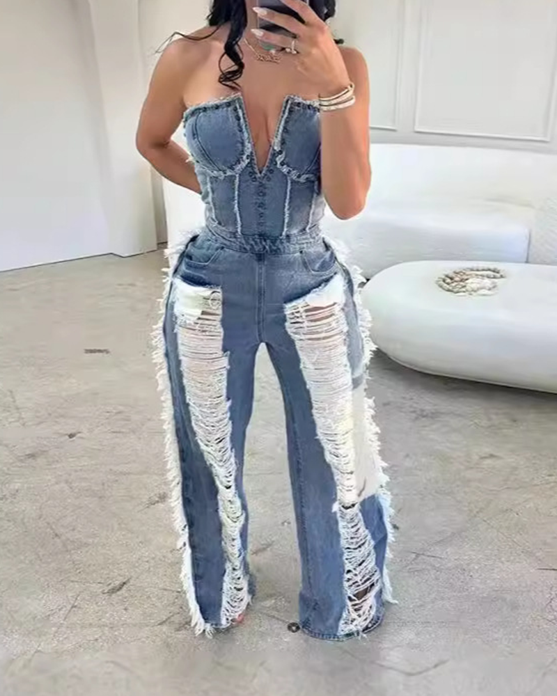 Tassel Hole Stud Denim Jumpsuit