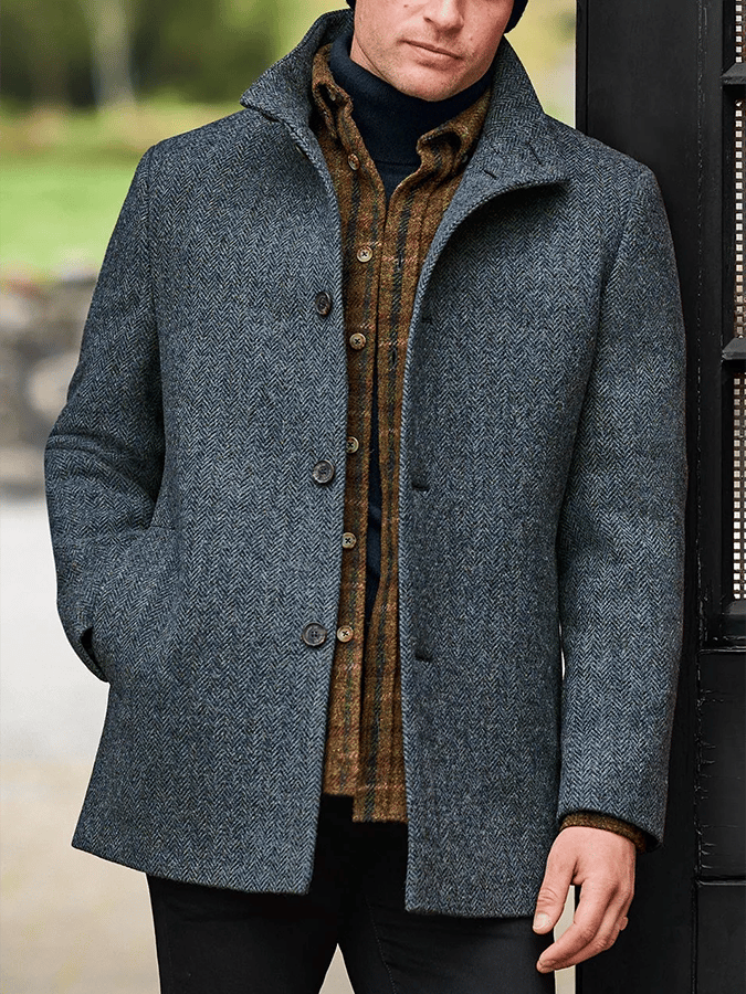 Men's Stylish Herringbone Single-Breasted Pocket Design Casual Woolen Coat