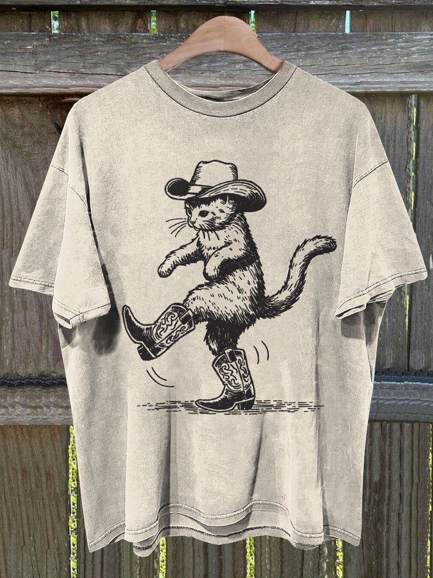 Cute Cowboy Cat Print T-shirt