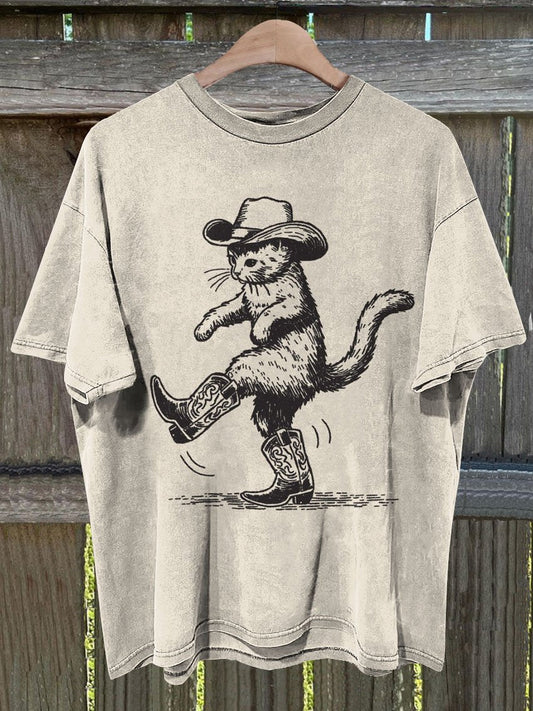 Cute Cowboy Cat Print T-shirt