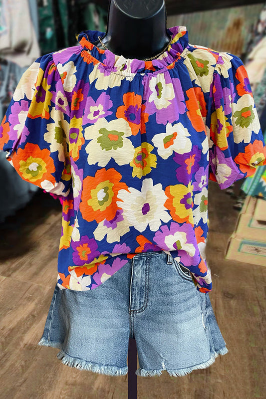 Multi Floral Print Puff Sleeve Top