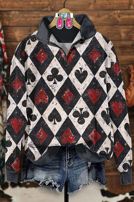 Retro Western Poker Distressed Print Zipper Sweatshirt