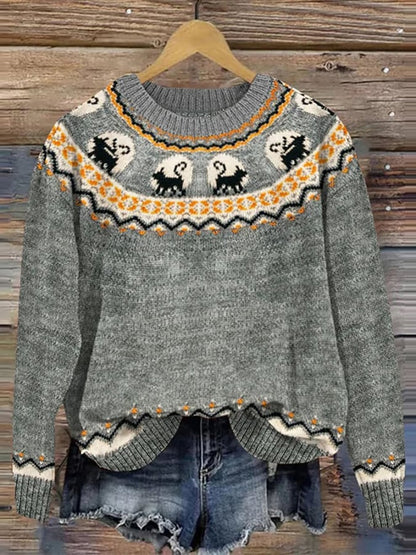 Women's Casual Round Neck Print Knitted Sweater